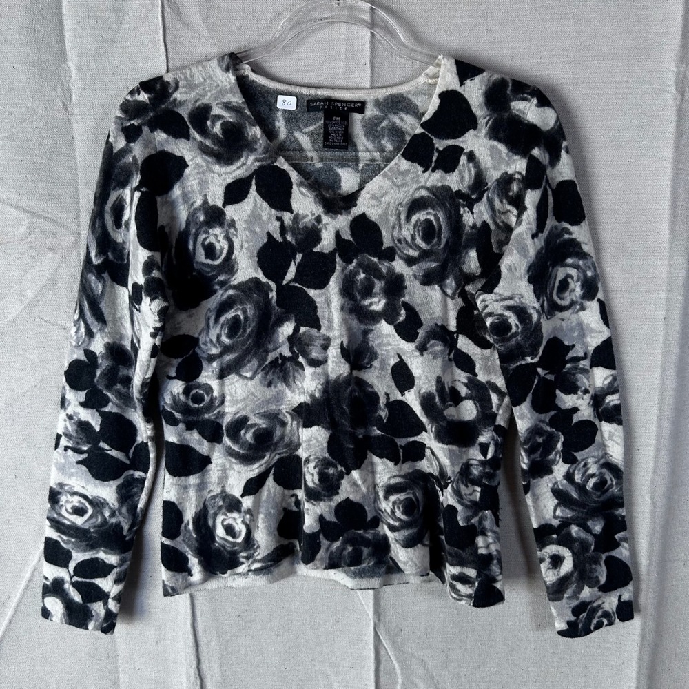 Sarah Spencer Petite Lambswool Angora Blend Floral V-Neck Sweater Black White PM